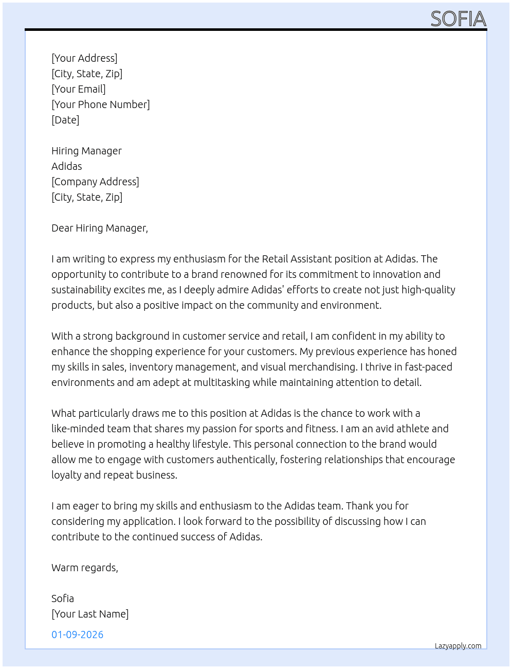 Retail Assistant At Addidas Cover Letter