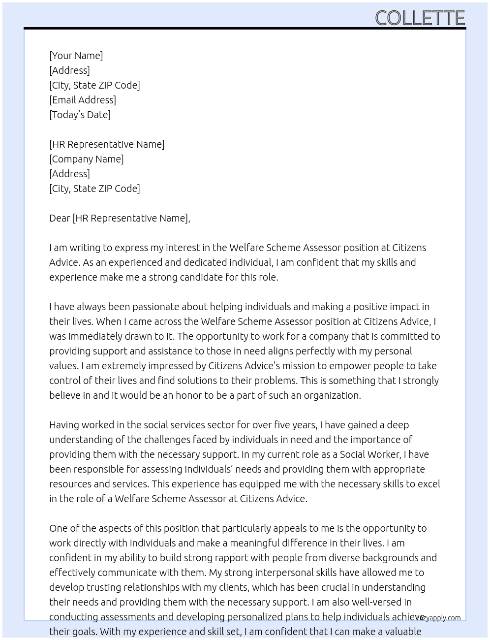Welfare Scheme Assessor  At Citizens Advice Cover Letter
