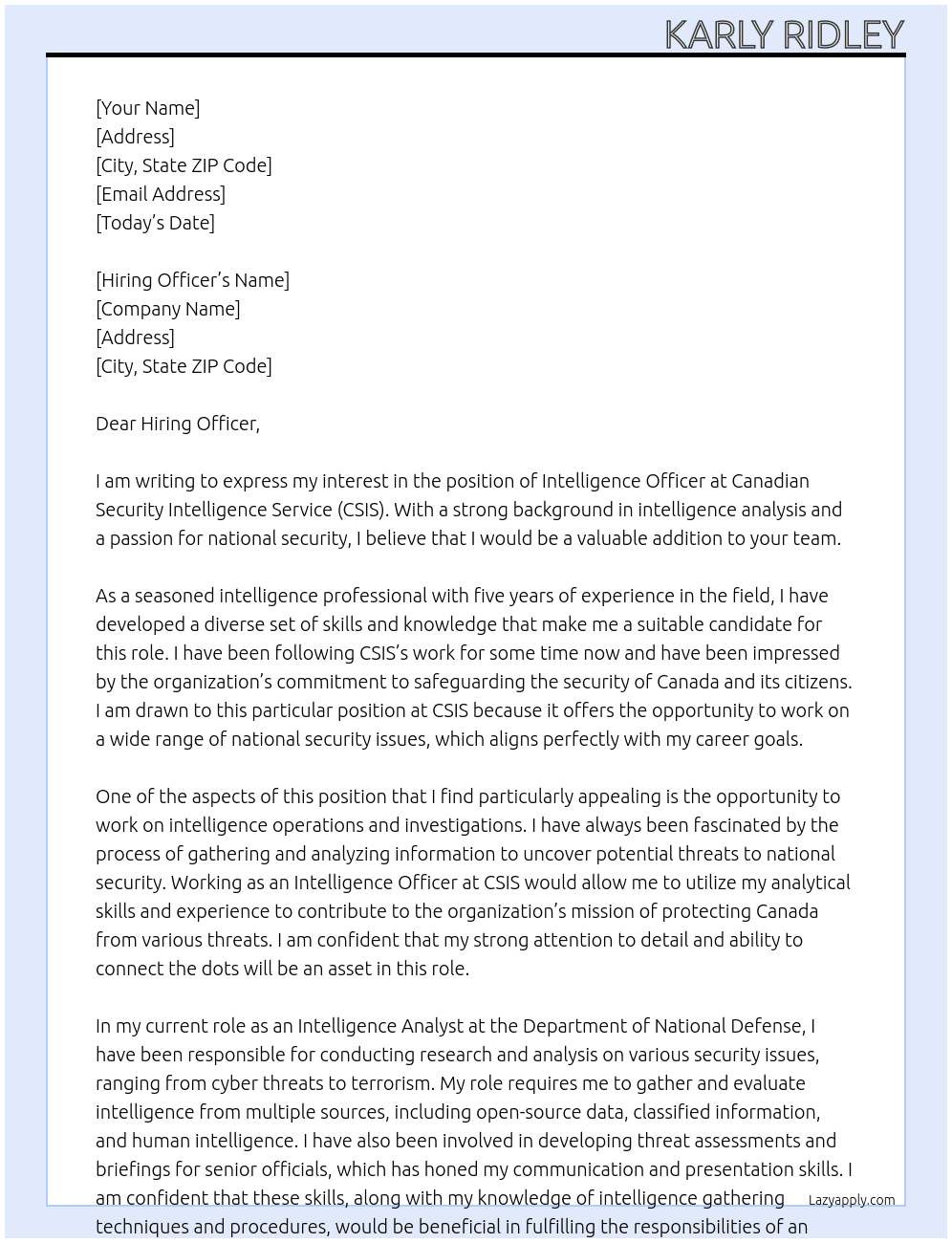 Intelligence Officer At Canadian Security Intelligence Service (CSIS) Cover Letter