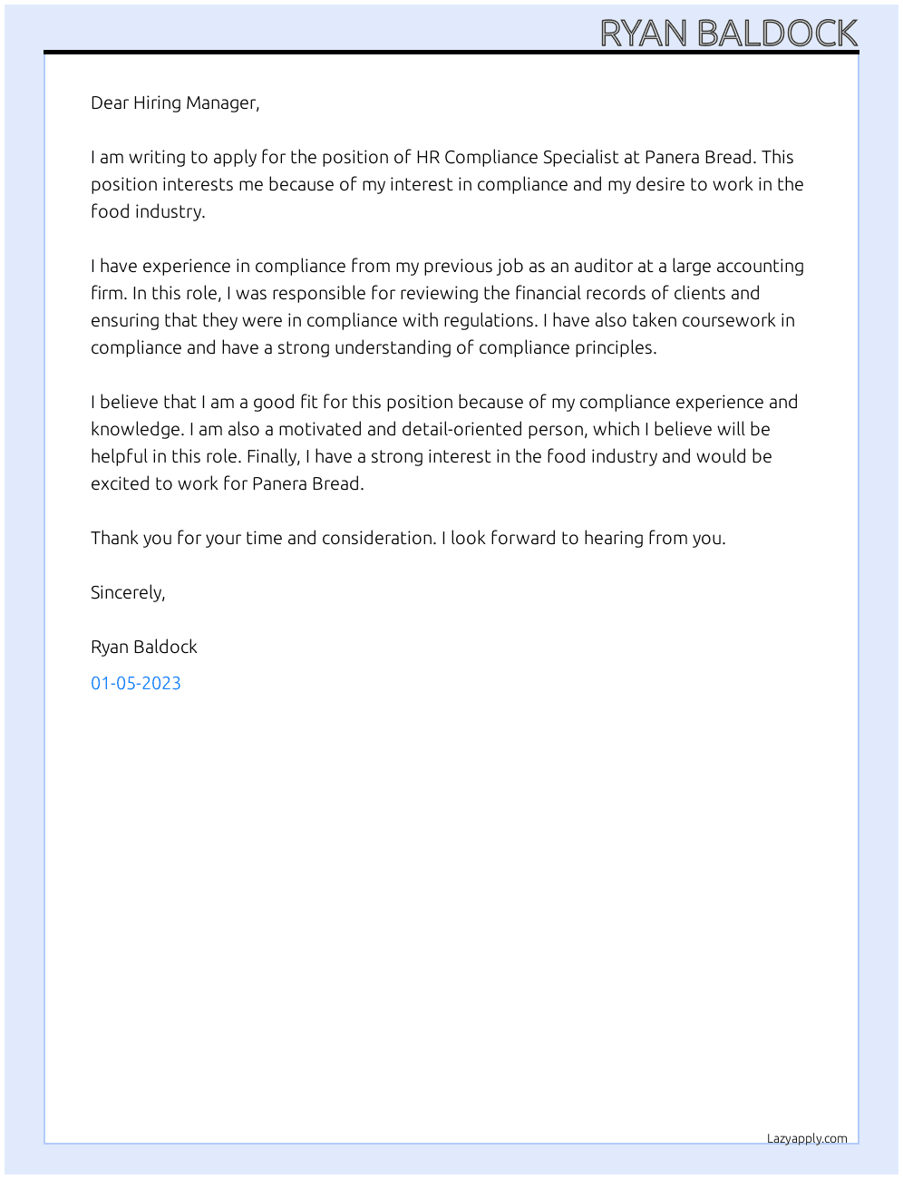 HR Compliance Specialist At Panera Bread Cover Letter