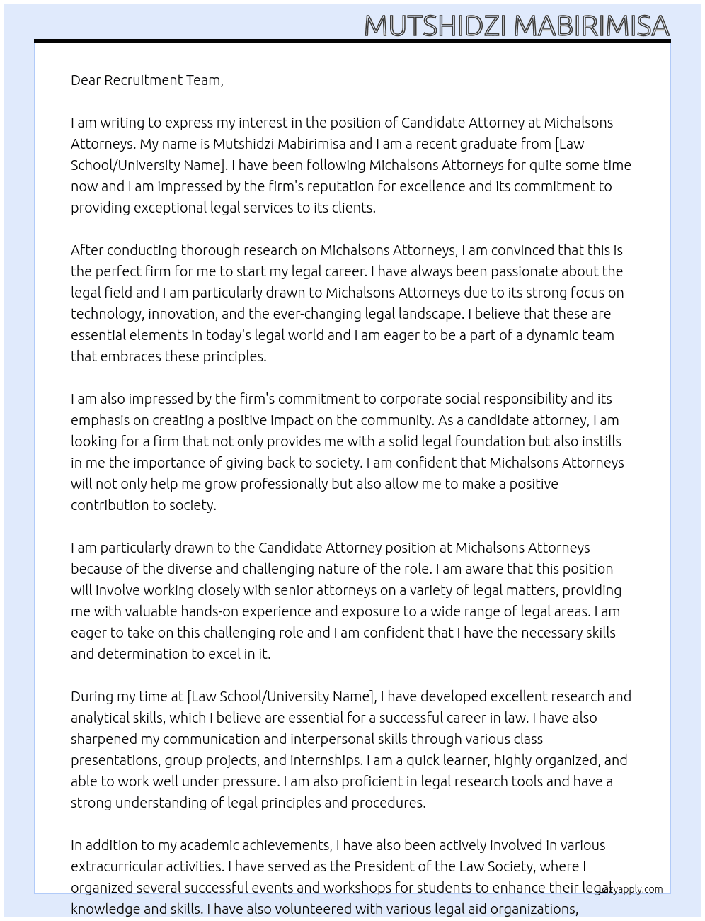 Candidate Attorney At Michalsons Attorneys Cover Letter