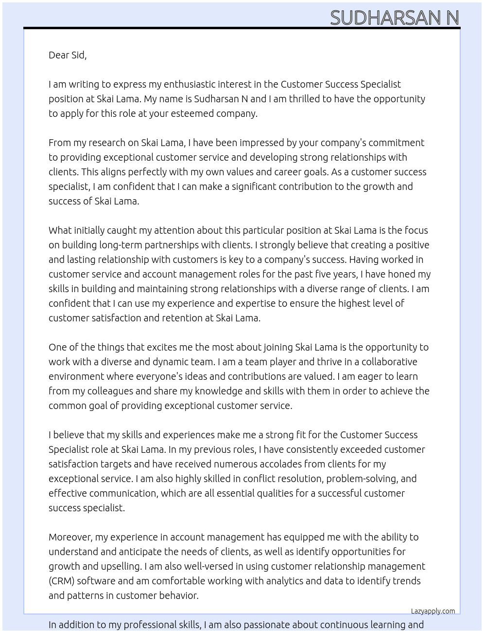 Customer Success Specialist At Skai Lama Cover Letter