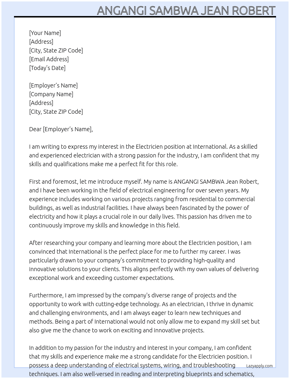 electricien At international Cover Letter