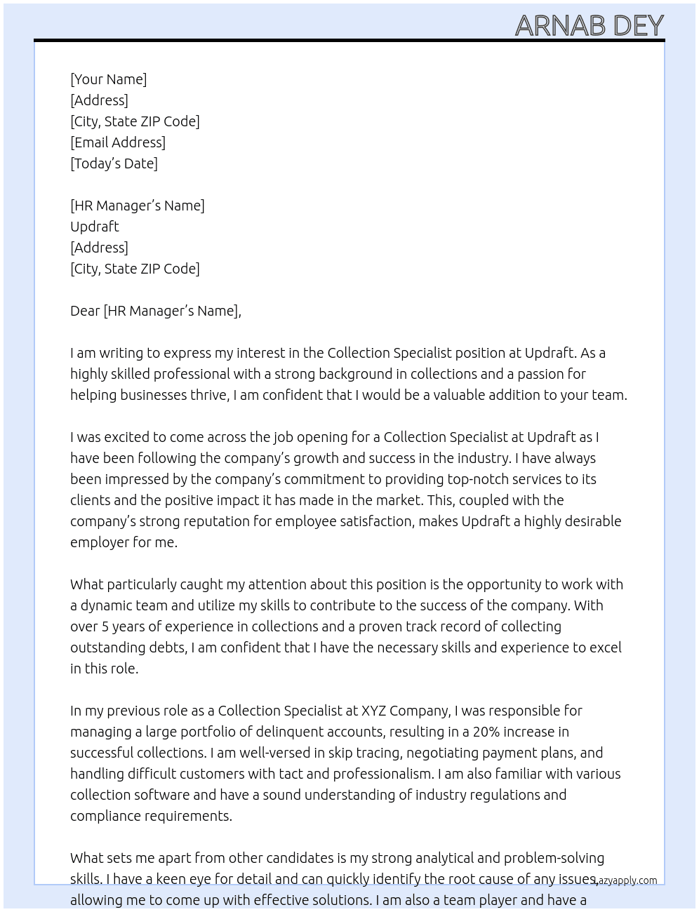 Collection Specialist At Updraft Cover Letter