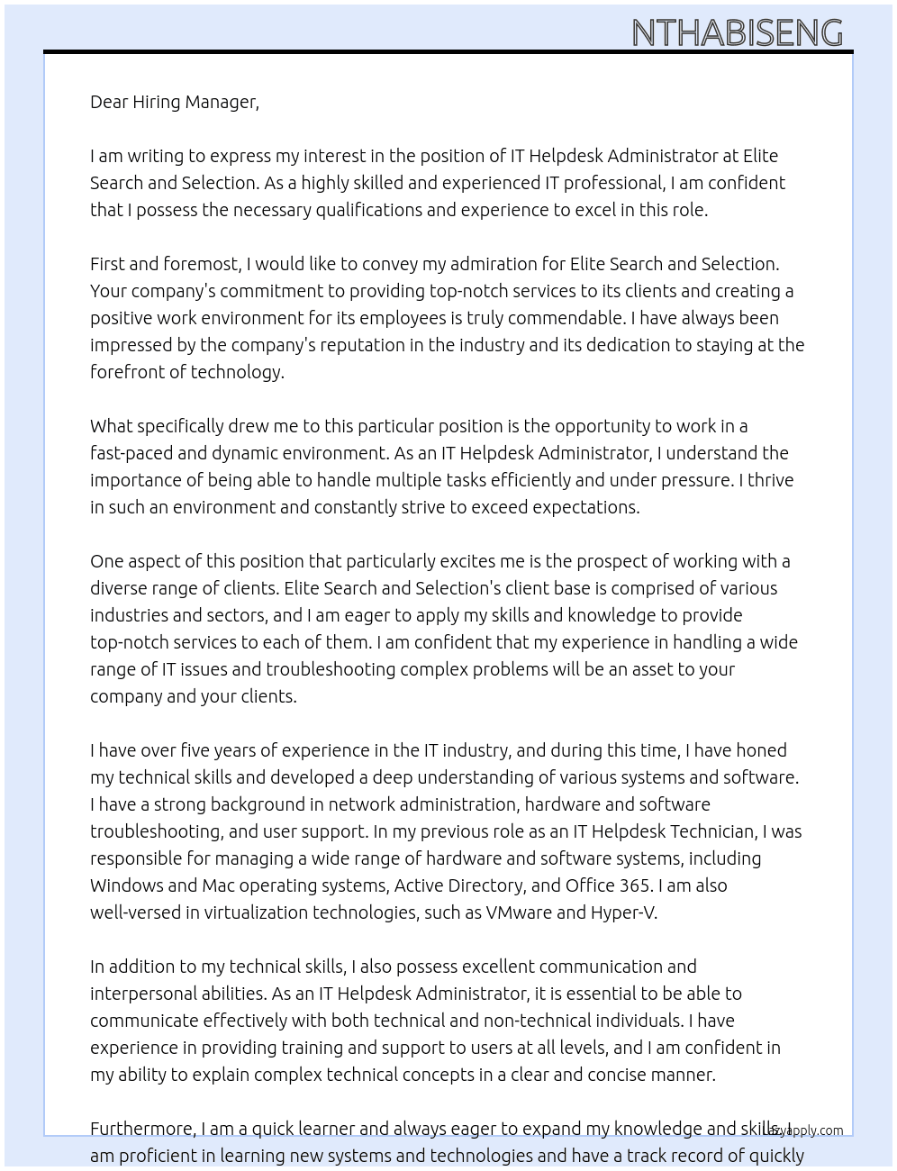 IT Helpdesk Administrator  At Elite Search and Selection  Cover Letter