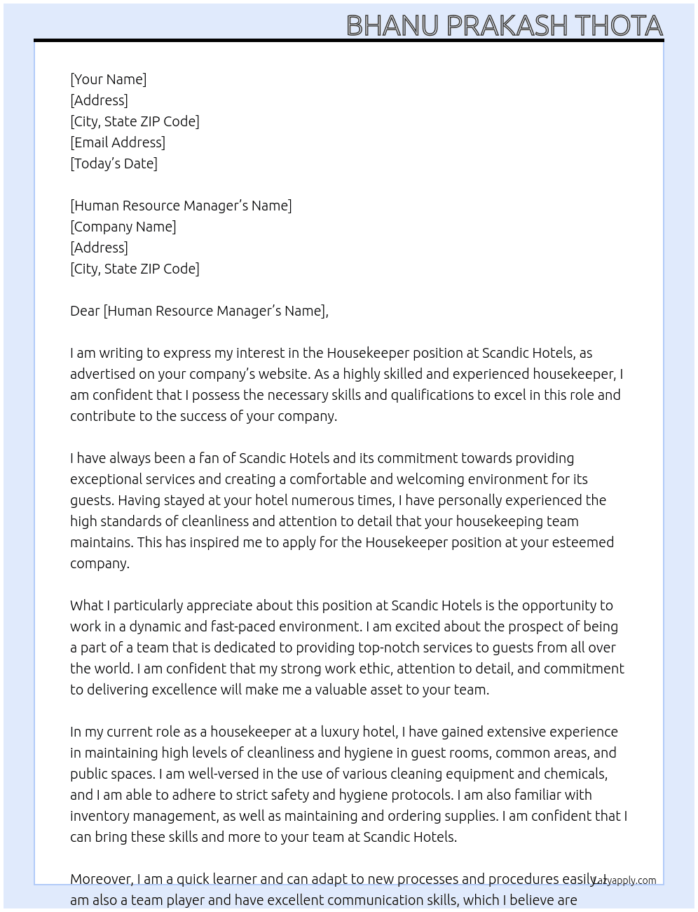 HouseKeeper At Scandic Hotels  Cover Letter