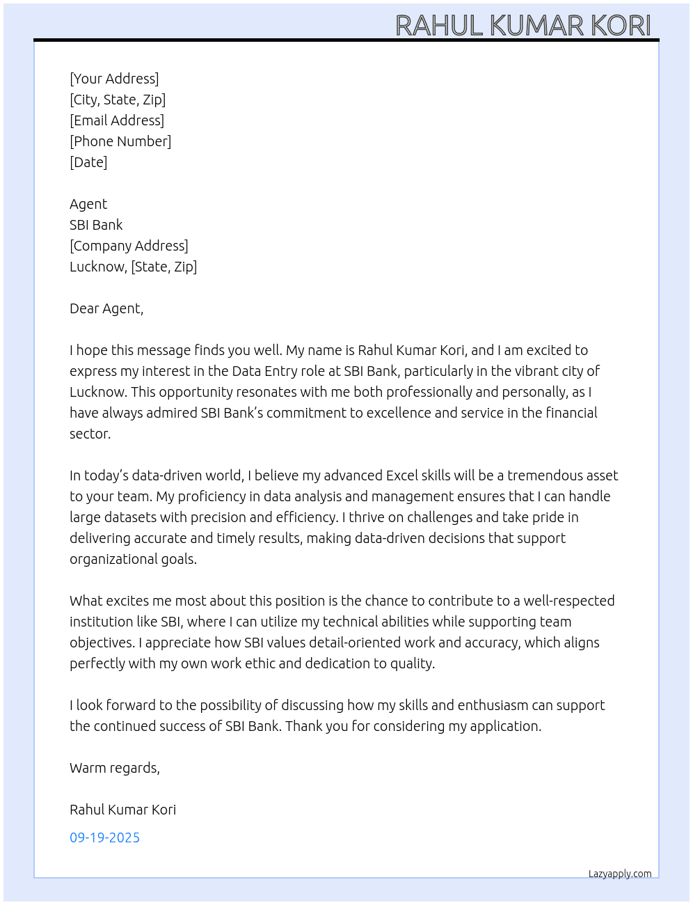 Agent  At SBI bank  Cover Letter