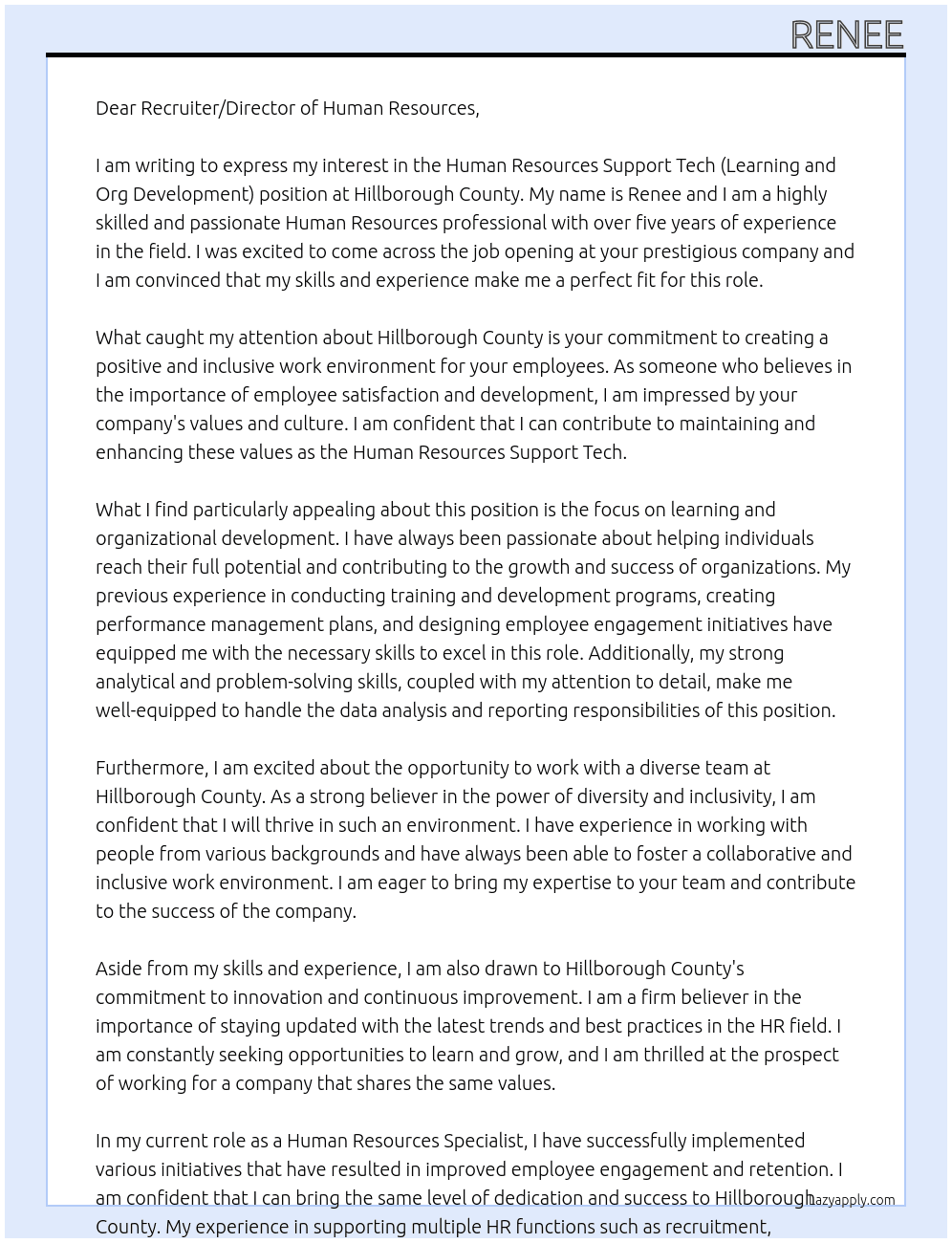 Human Resources Support Tech (Learning and Org Development) At Hillborough County Cover Letter