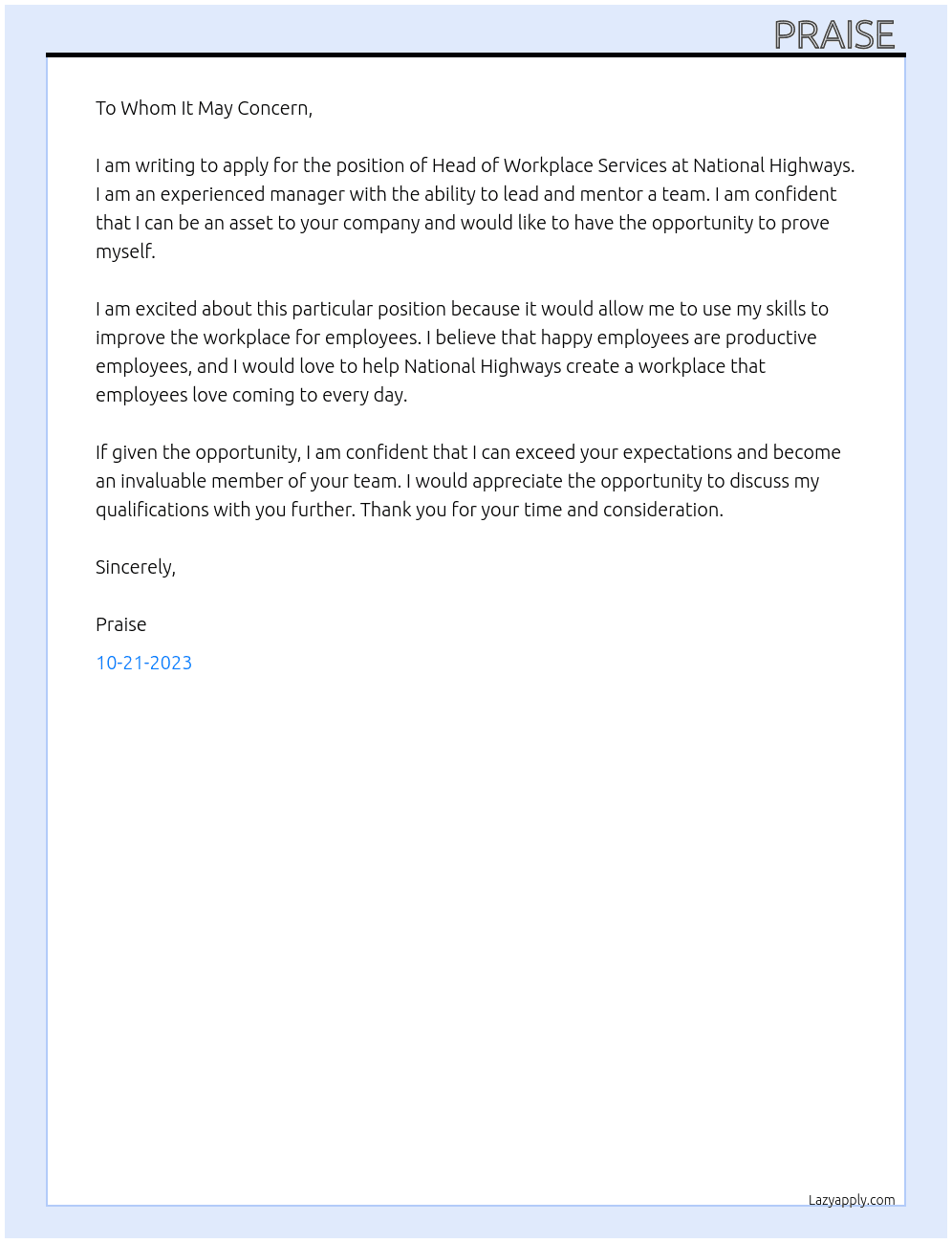 Head of Workplace Services At National Highways Cover Letter