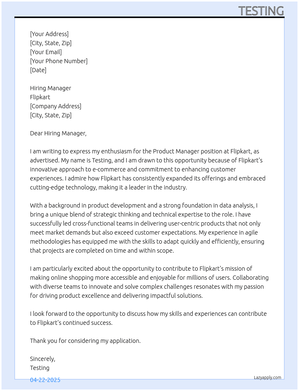 product manager At Flipkart Cover Letter