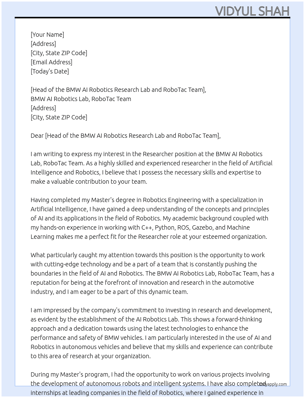 Researcher At BMW AI Robotics Lab, RoboTac Team Cover Letter