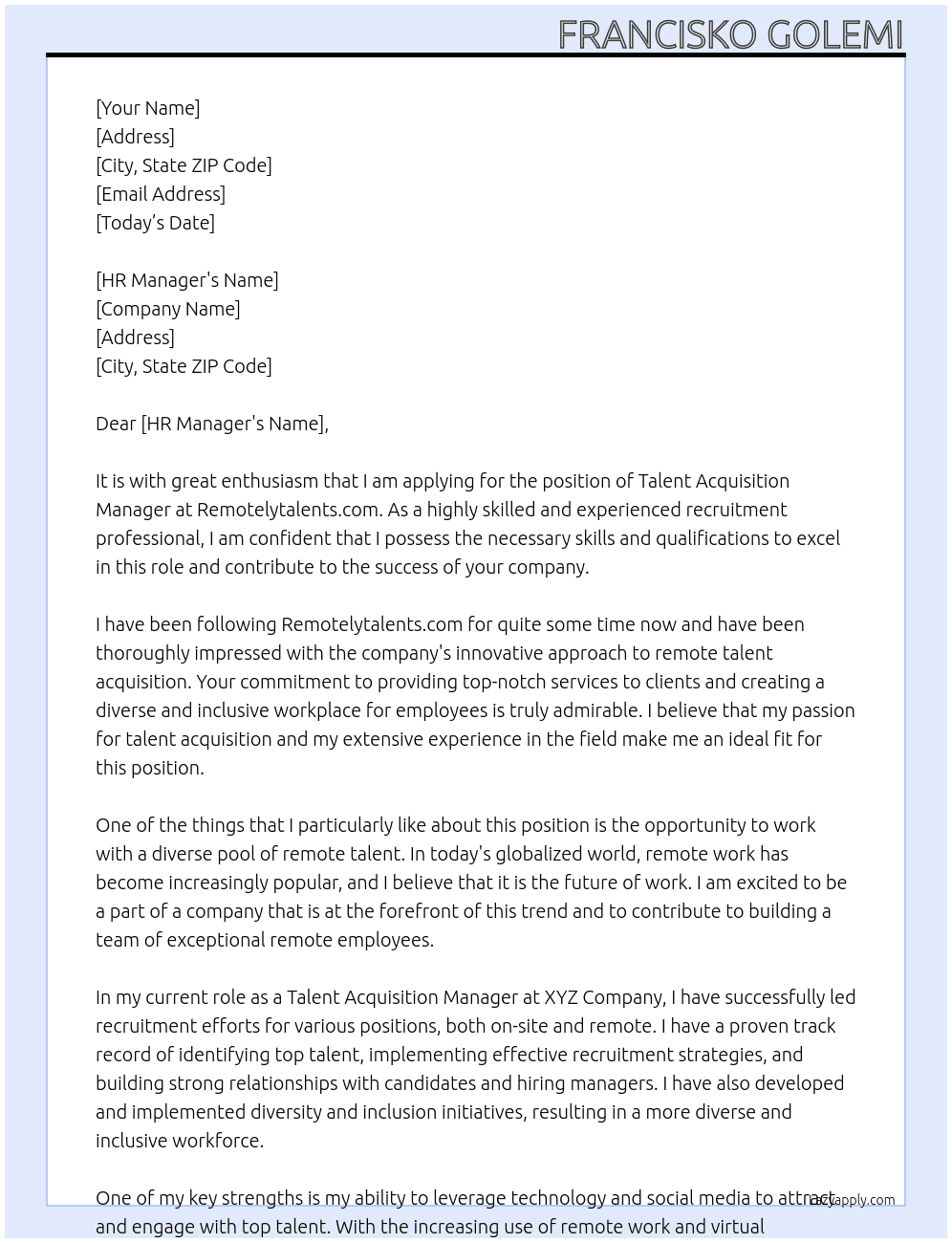 Talent acquisition manager At Remotelytalents.com Cover Letter
