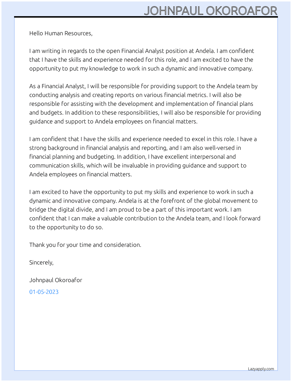 Financial Analyst At Andela Cover Letter