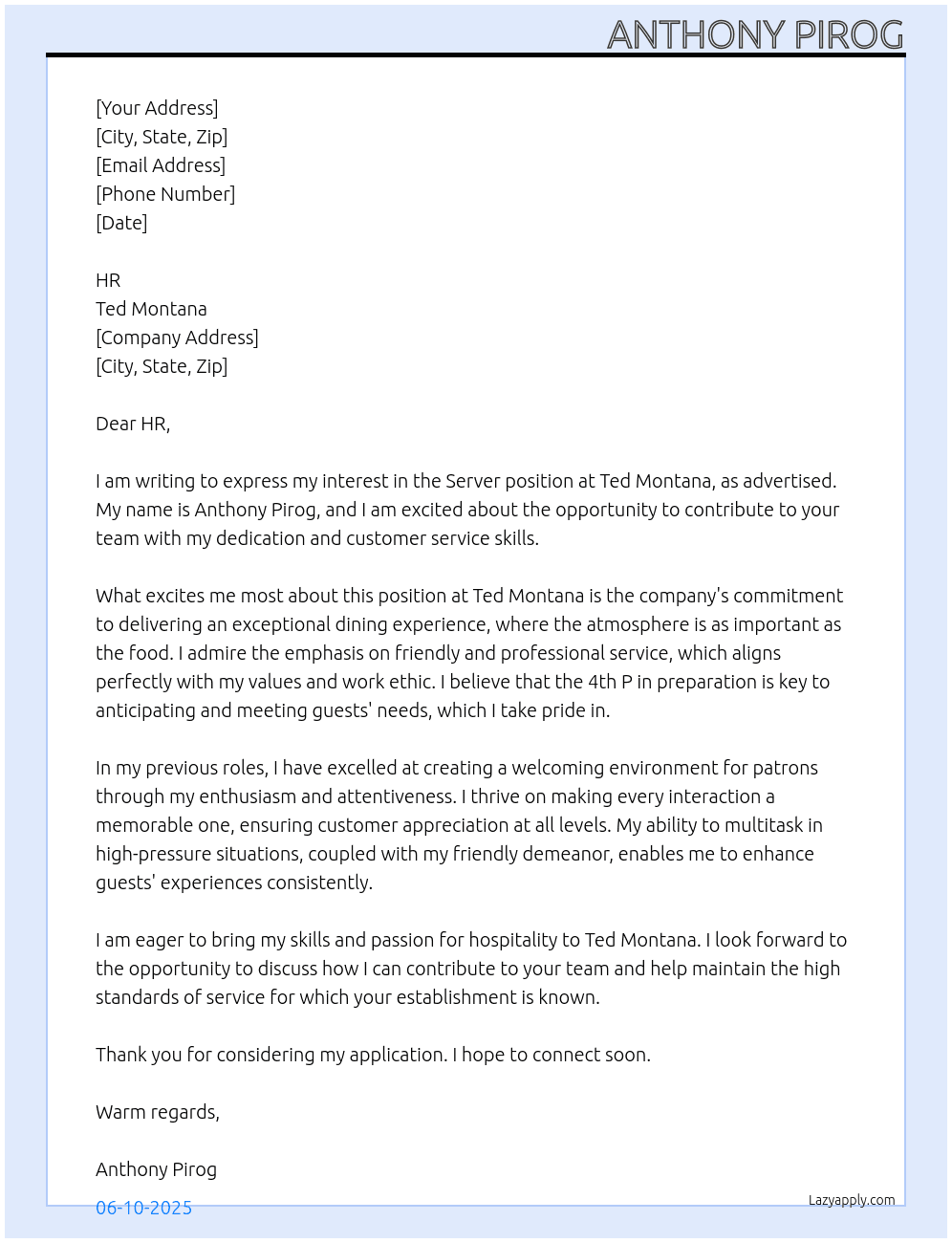 Server At Ted Montana Cover Letter