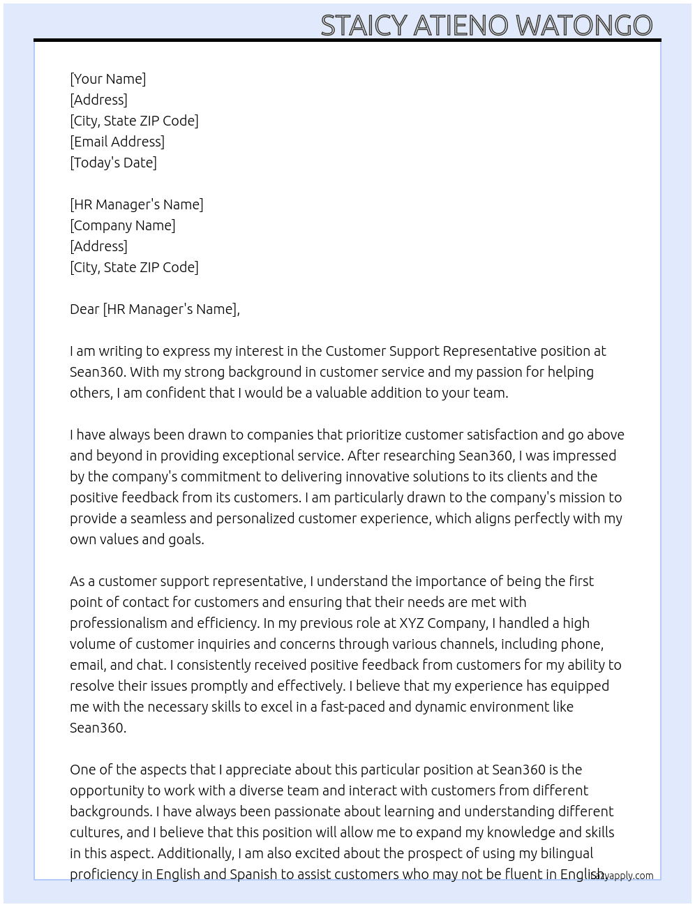 Customer support representative  At Sean360 Cover Letter