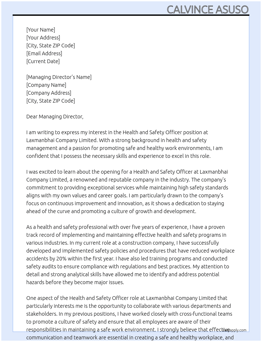 Health and safety Officer  At Laxmanbhai Company Limited Cover Letter