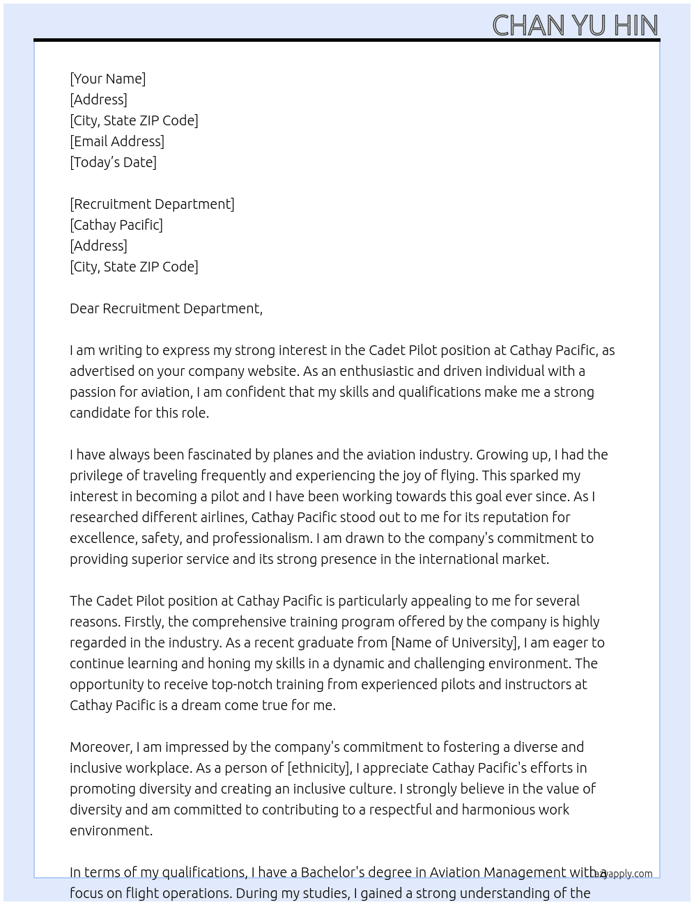 Cadet pilot At Cathay Pacific  Cover Letter
