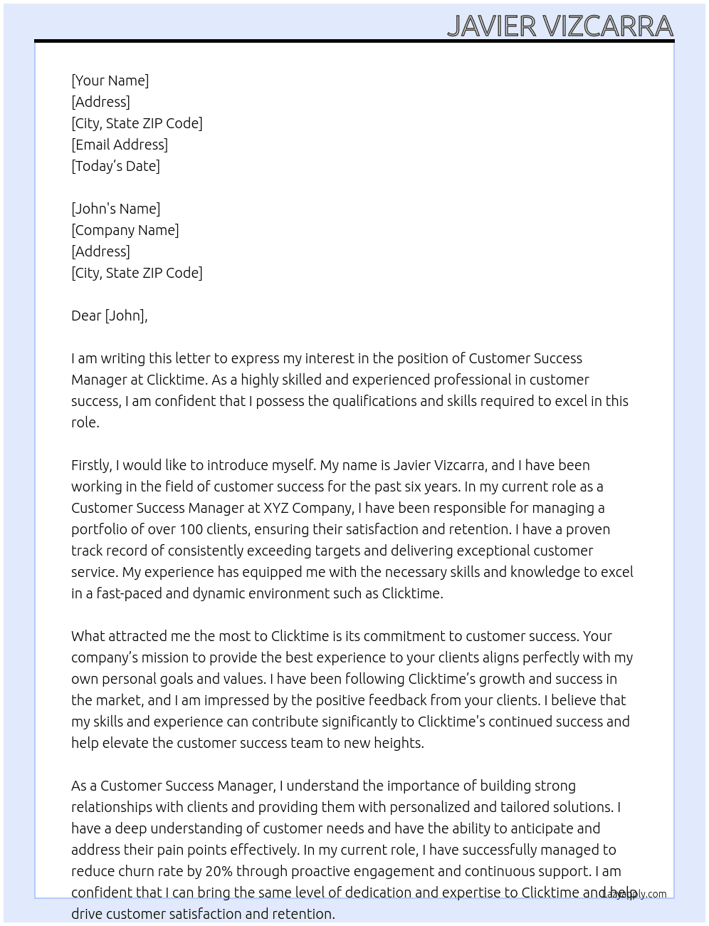 Customer Success Manager At Clicktime Cover Letter