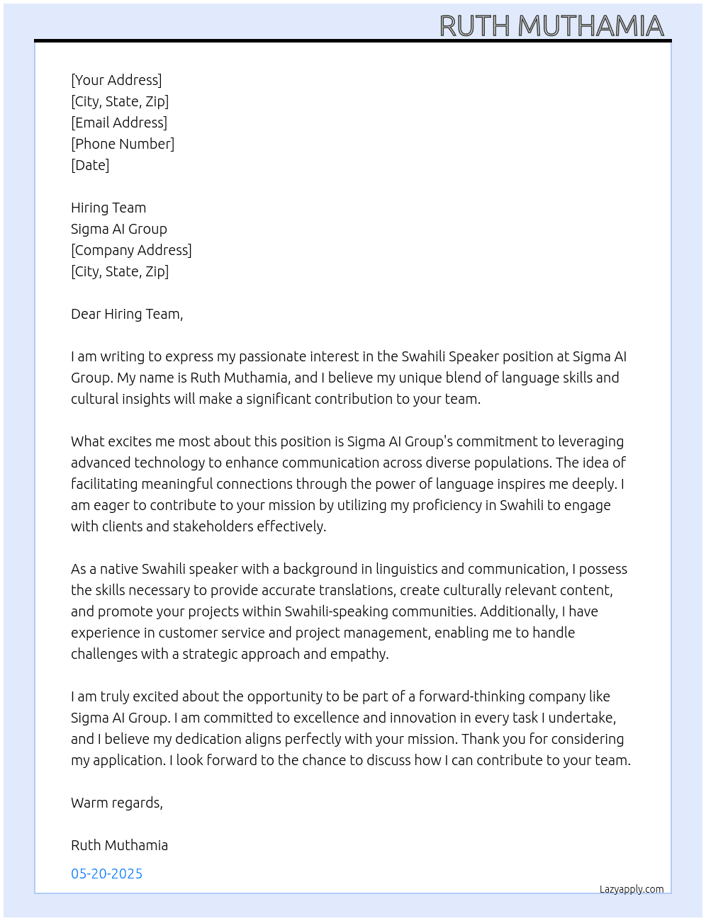 Cover letter for swahili speaker - LazyApply