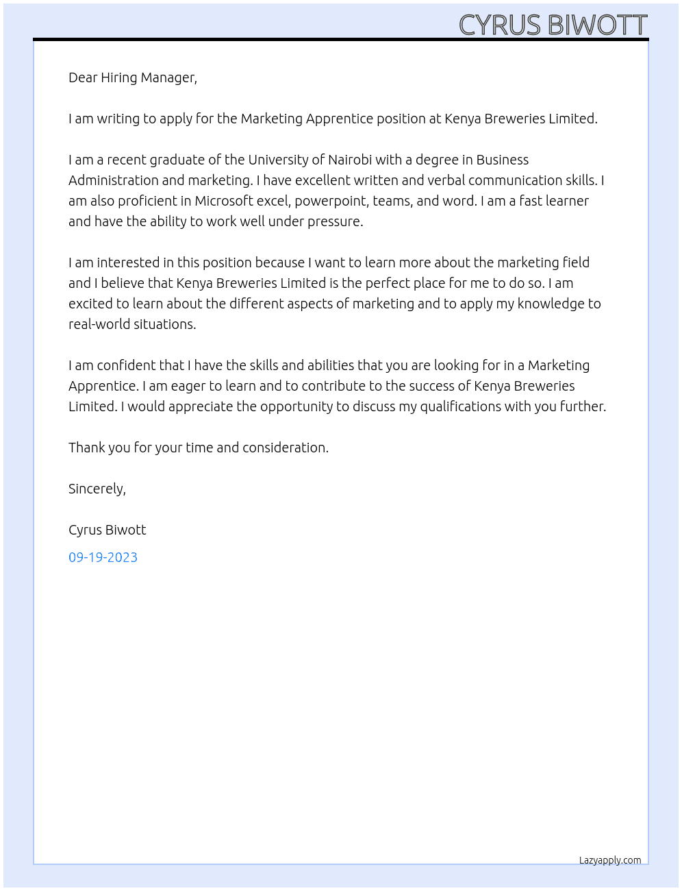 Marketing Apprentice At Kenya Breweries Limited Cover Letter