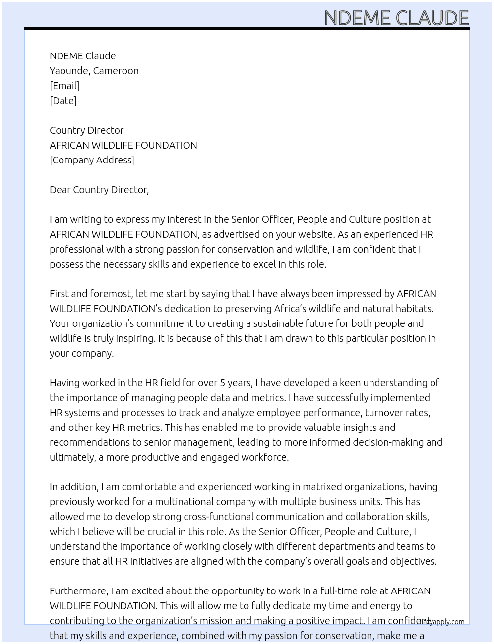 Senior Officer, People and Culture At AFRICAN WILDLIFE FOUNDATION Cover Letter