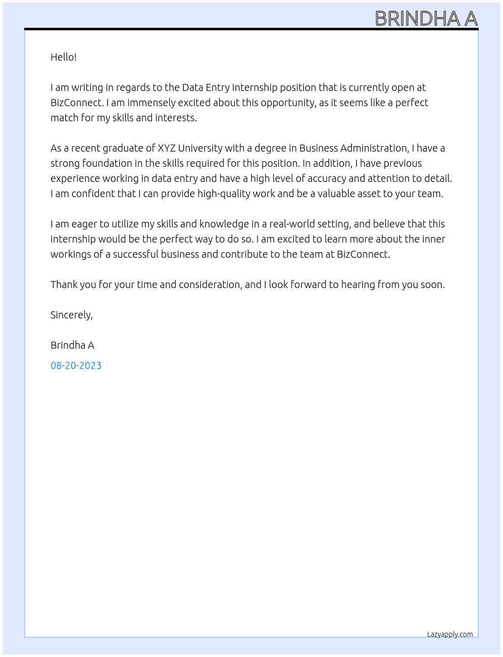 Data entry internship At BizConnect Cover Letter