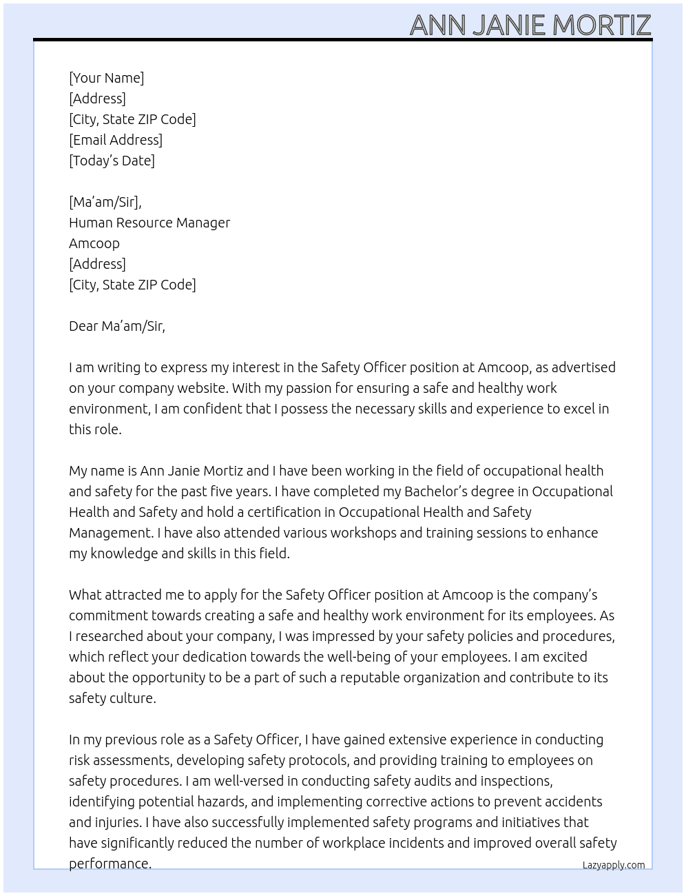 Safety officer  At Amcoop Cover Letter