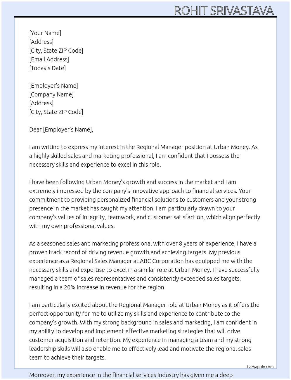 Regional manager At Urban money Cover Letter