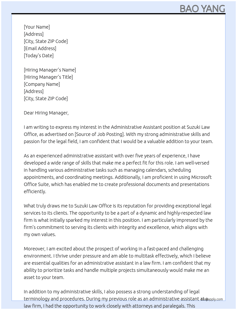 Administrative Assistant  At Suzuki Law Office Cover Letter