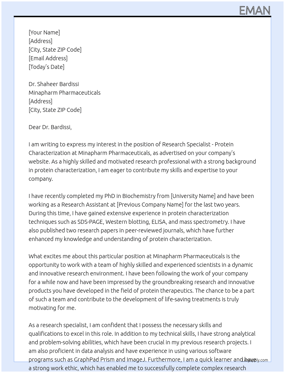 Research Specialist - Protein Characterization At  Minapharm Pharmaceuticals Cover Letter