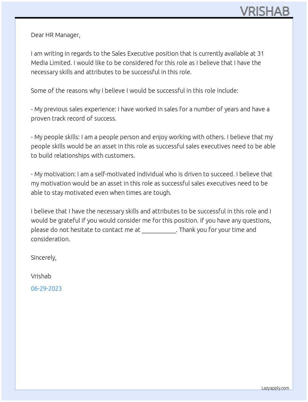 Sales Executive  At 31 media limited  Cover Letter