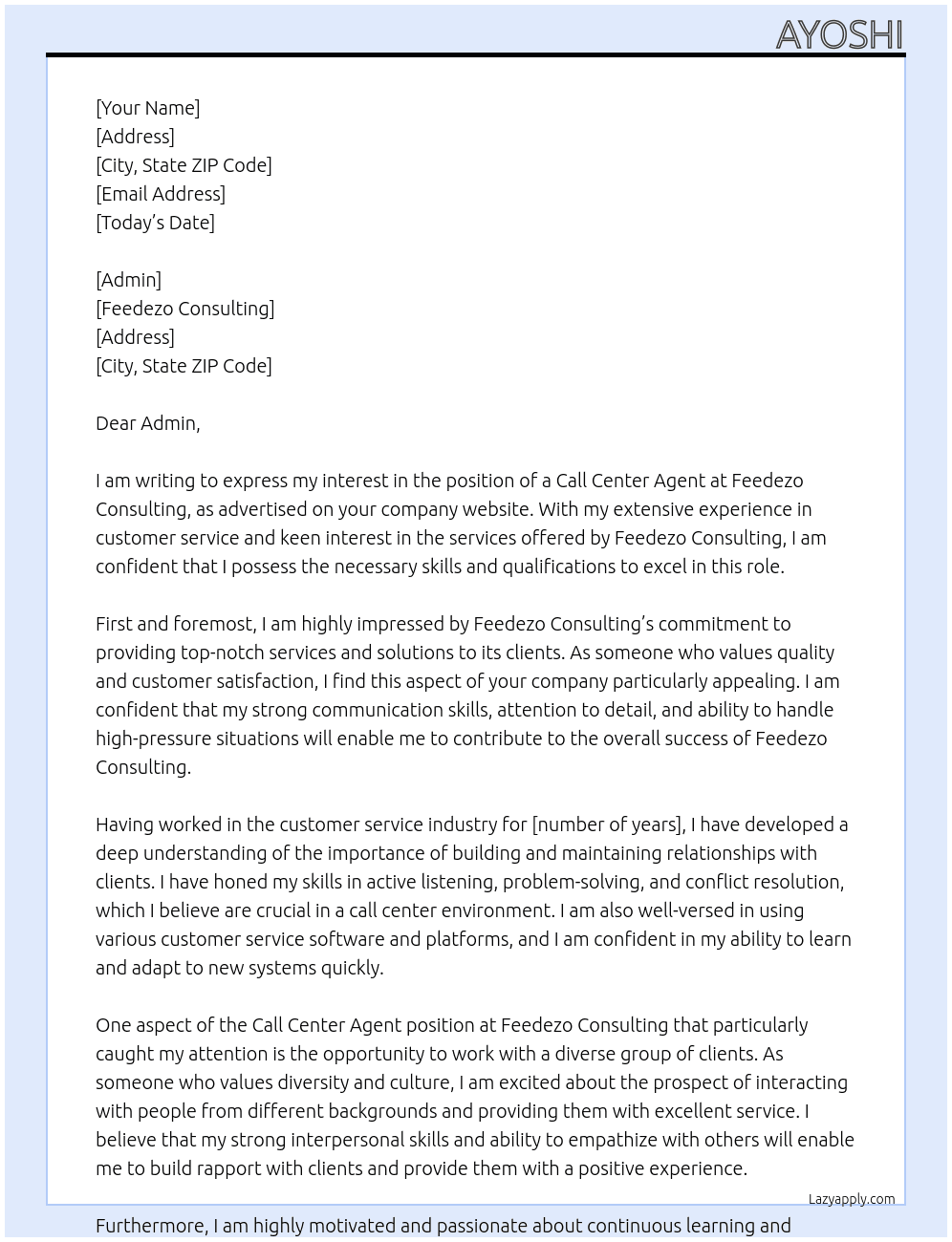 Call center agent  At feedezo consulting Cover Letter