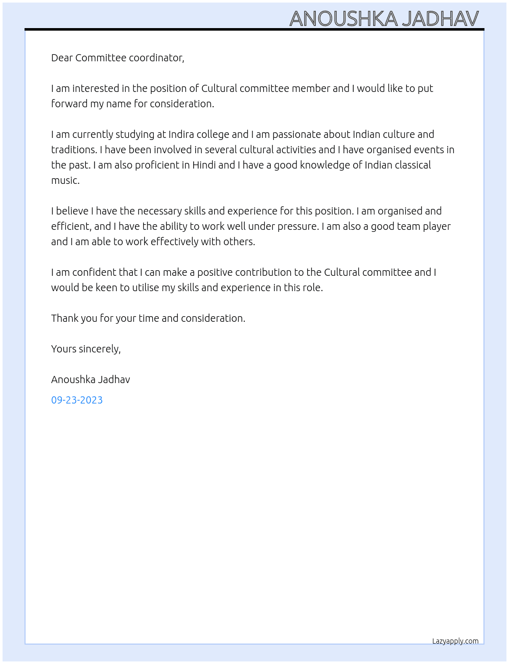 Cultural committee member At indira college  Cover Letter