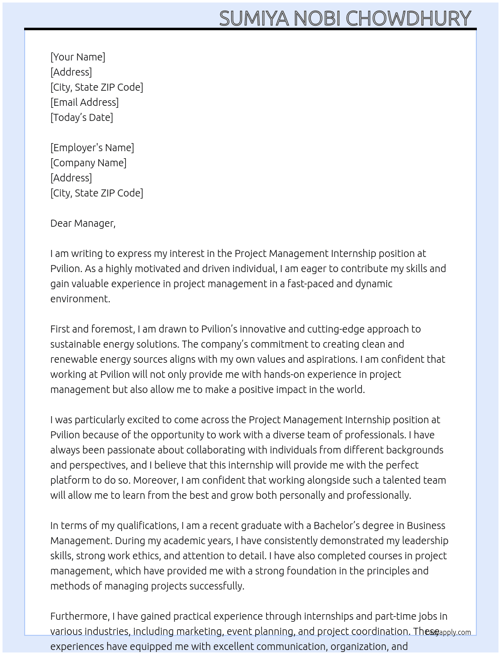 Project management Internship  At Pvilion Cover Letter