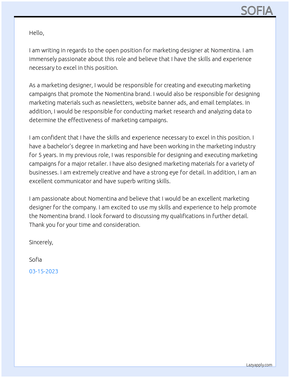 Marketing designer At Nomentina Cover Letter
