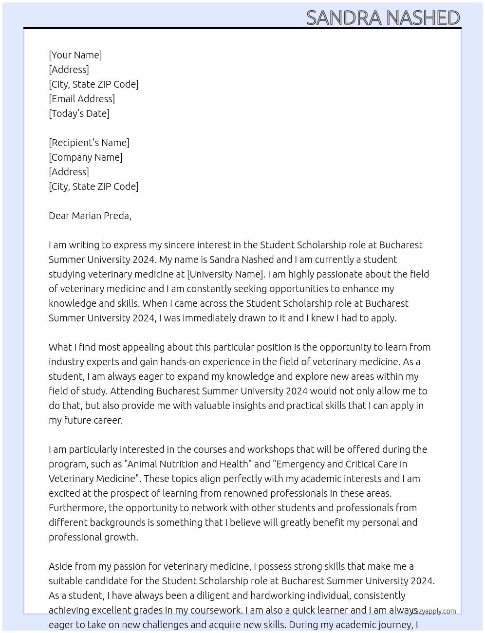 Student studying at field of veterinary medicine  At Bucharest Summer University 2024  Cover Letter