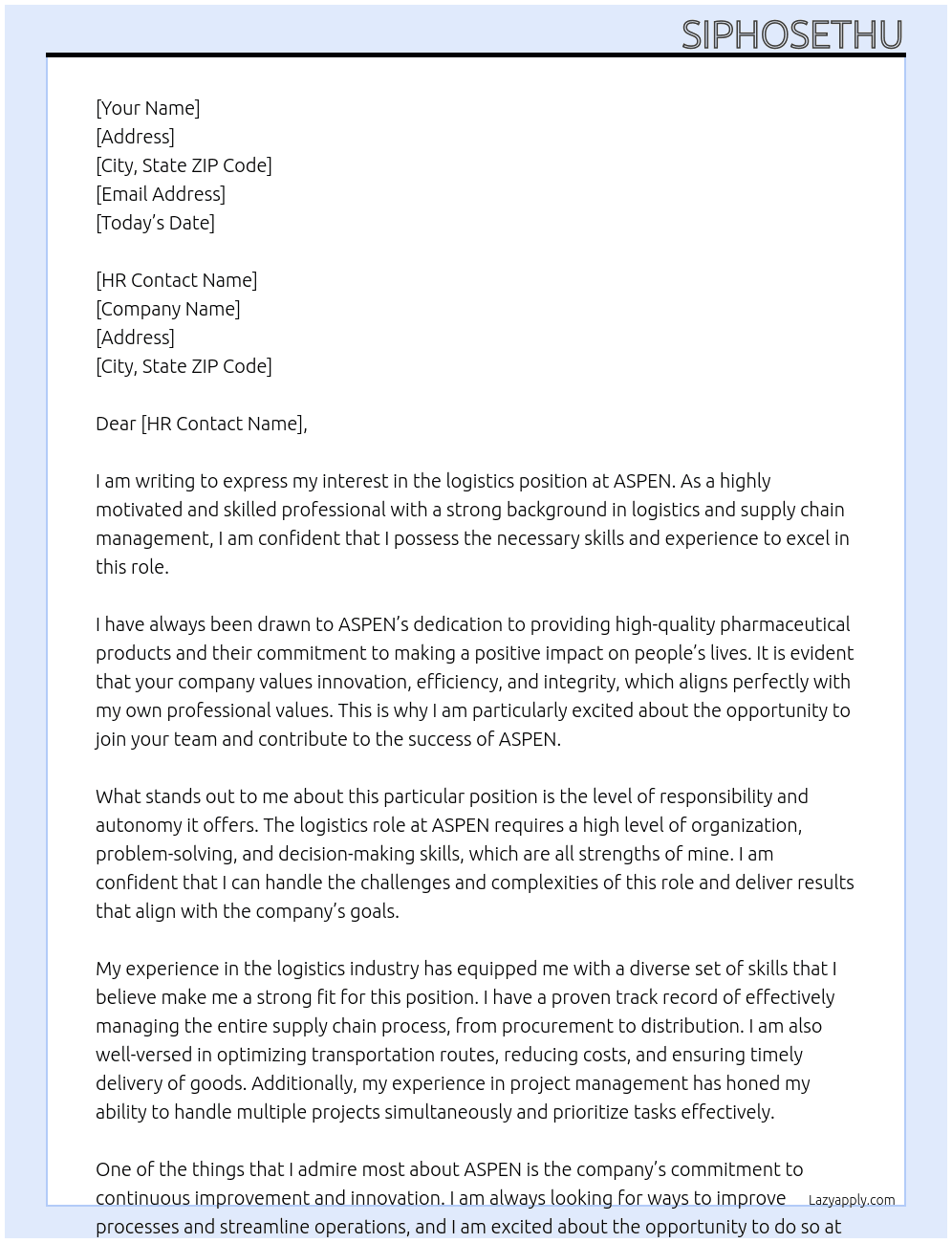 logistics At ASPEN Cover Letter
