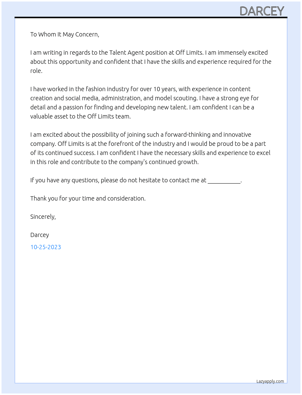 Talent Agent  At Off limits Cover Letter