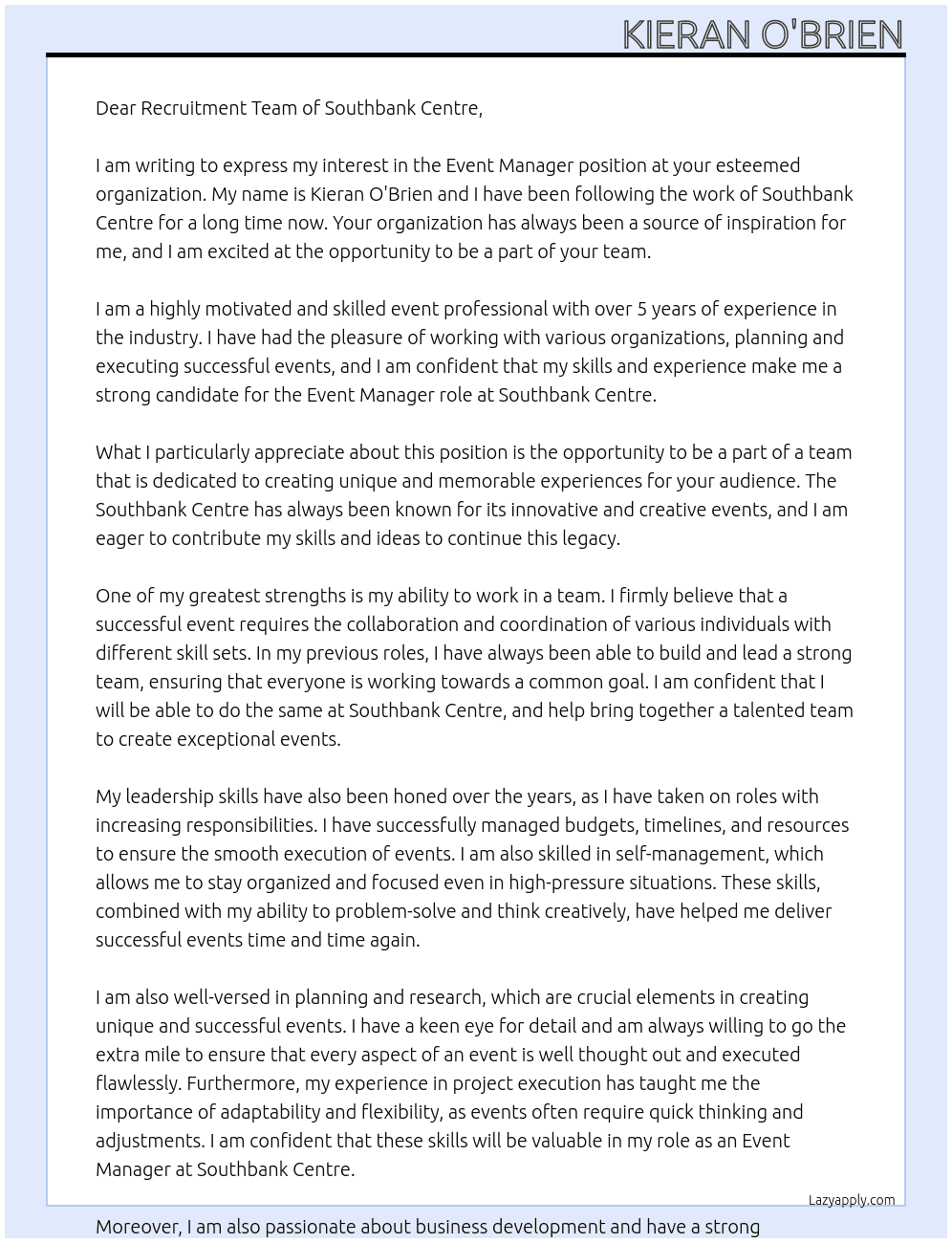 Event Manager At Southbank Centre Cover Letter