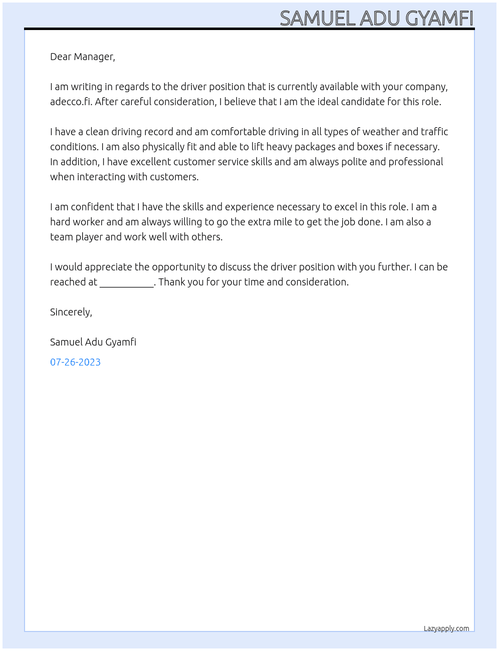 Driver At adecco.fi Cover Letter