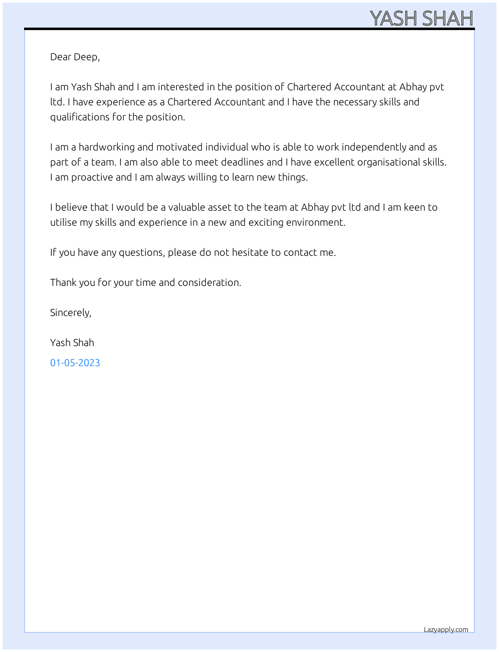 Chartered Accountant At Abhay pvt ltd Cover Letter