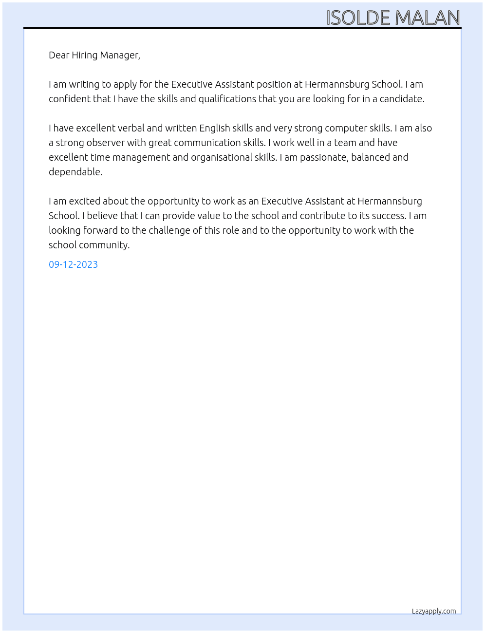 Executive Assistant At Hermannsburg School Cover Letter