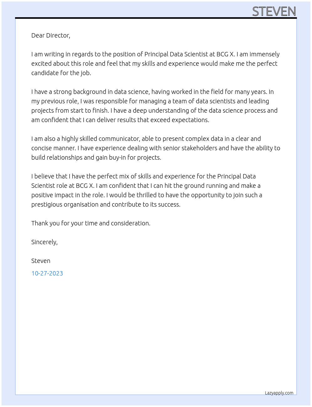 Principal Data Scientist At BCG X Cover Letter