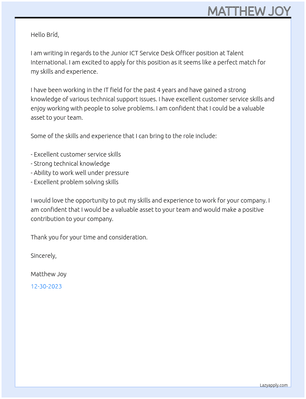 Junior ICT Service Desk Officer At Talent International Cover Letter