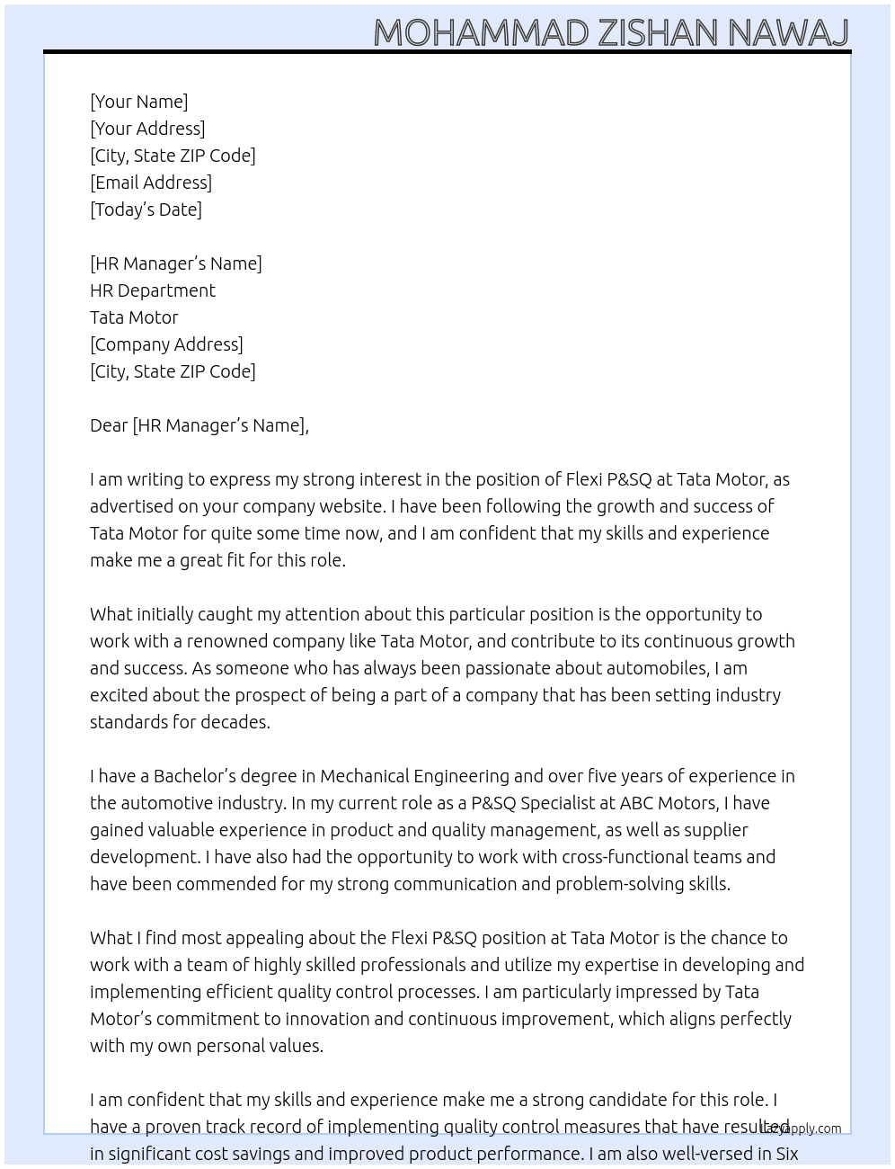 Flexi P&SQ At Tata Motor Cover Letter