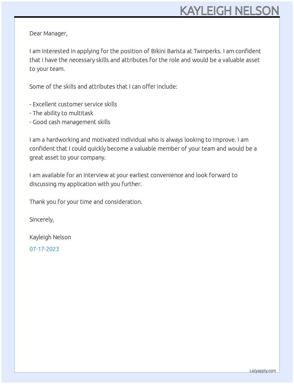 Bikini Barista At Twinperks Cover Letter