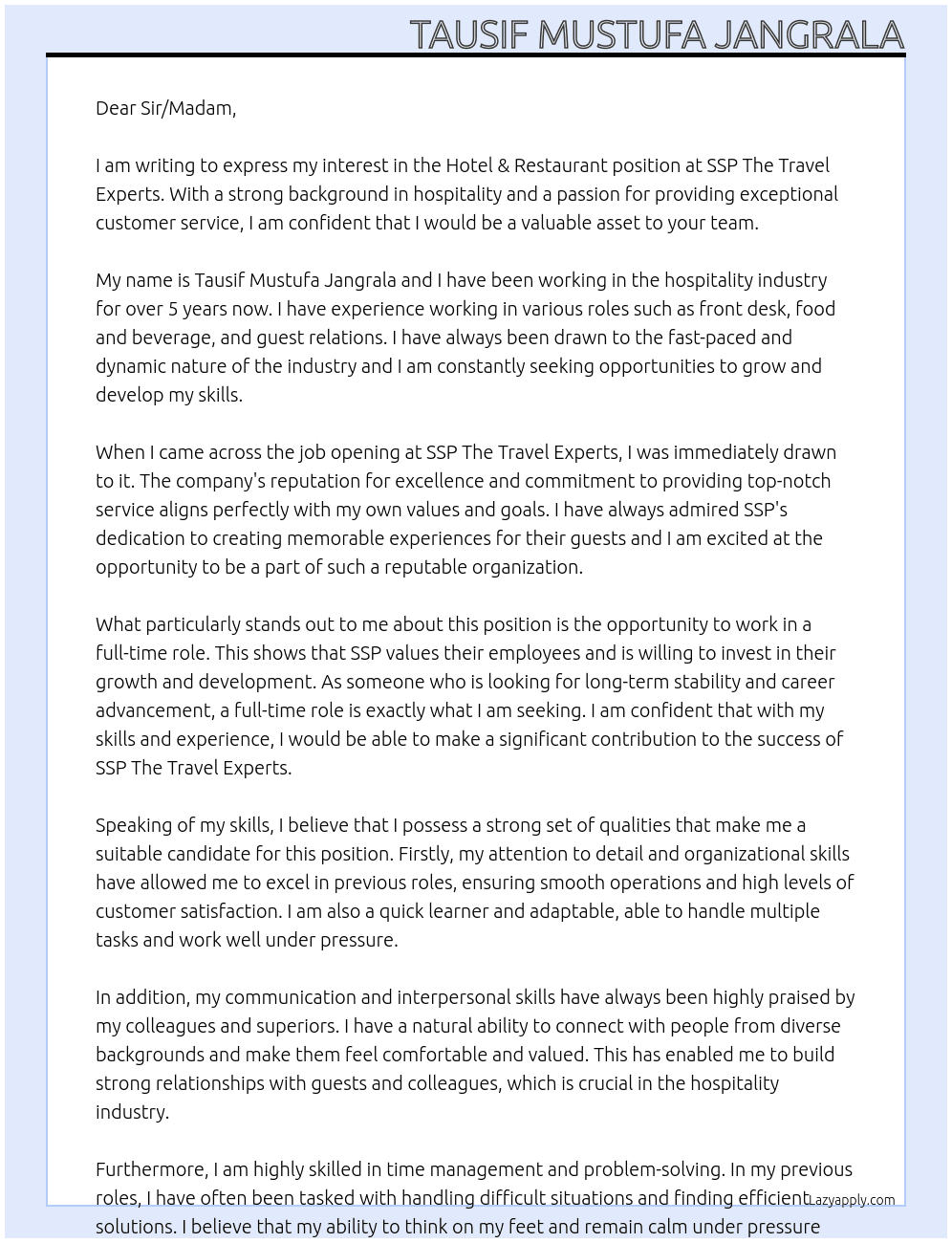 Hotel & Restaurant At SSP The Travel Experts Cover Letter