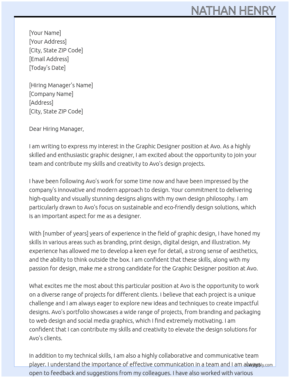 Graphic Designer At Avo Cover Letter