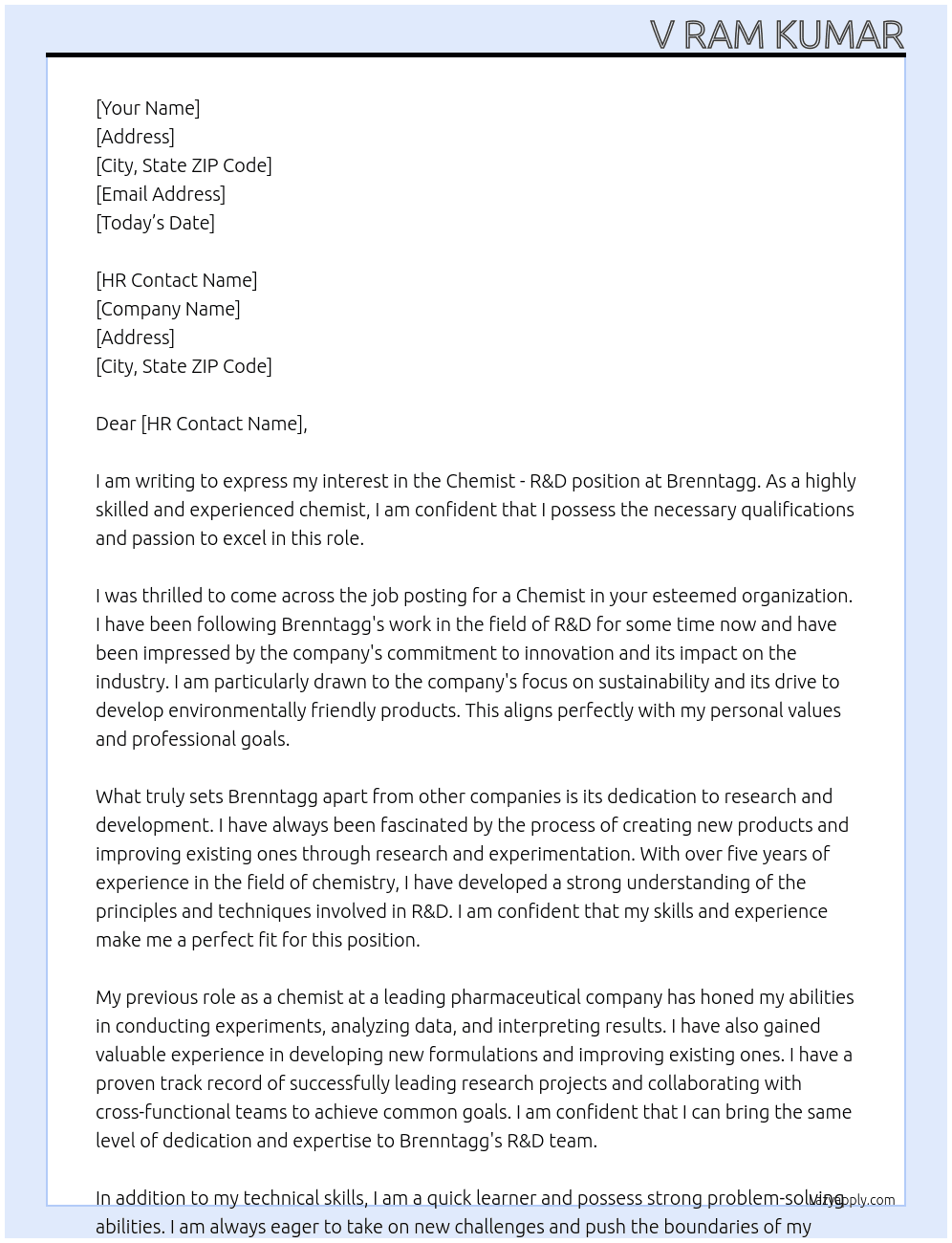  Chemist  -R& D At Brenntagg Cover Letter