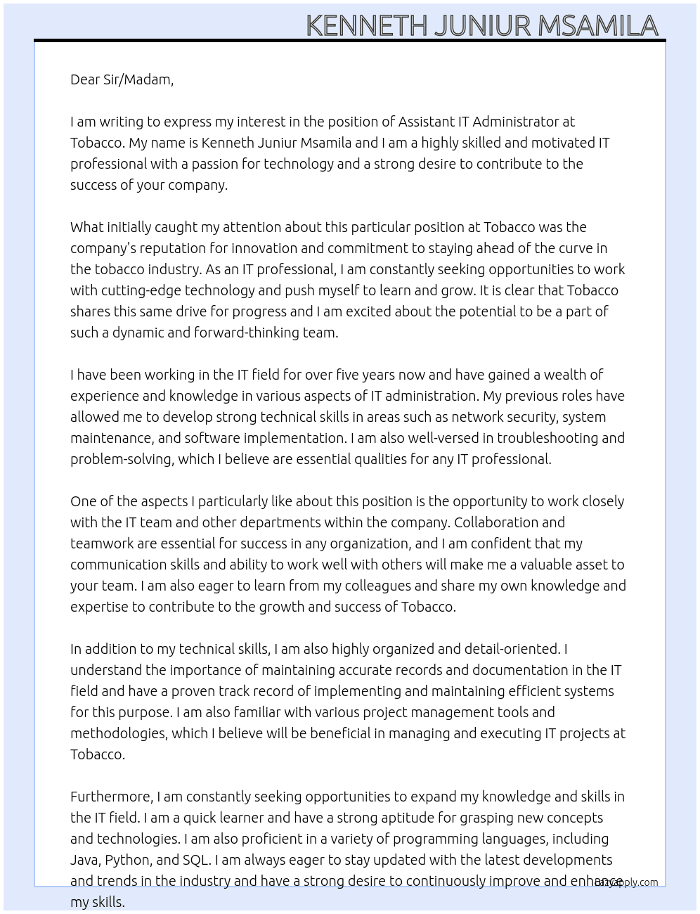 Assistant IT Administrator  At Tobacco  Cover Letter